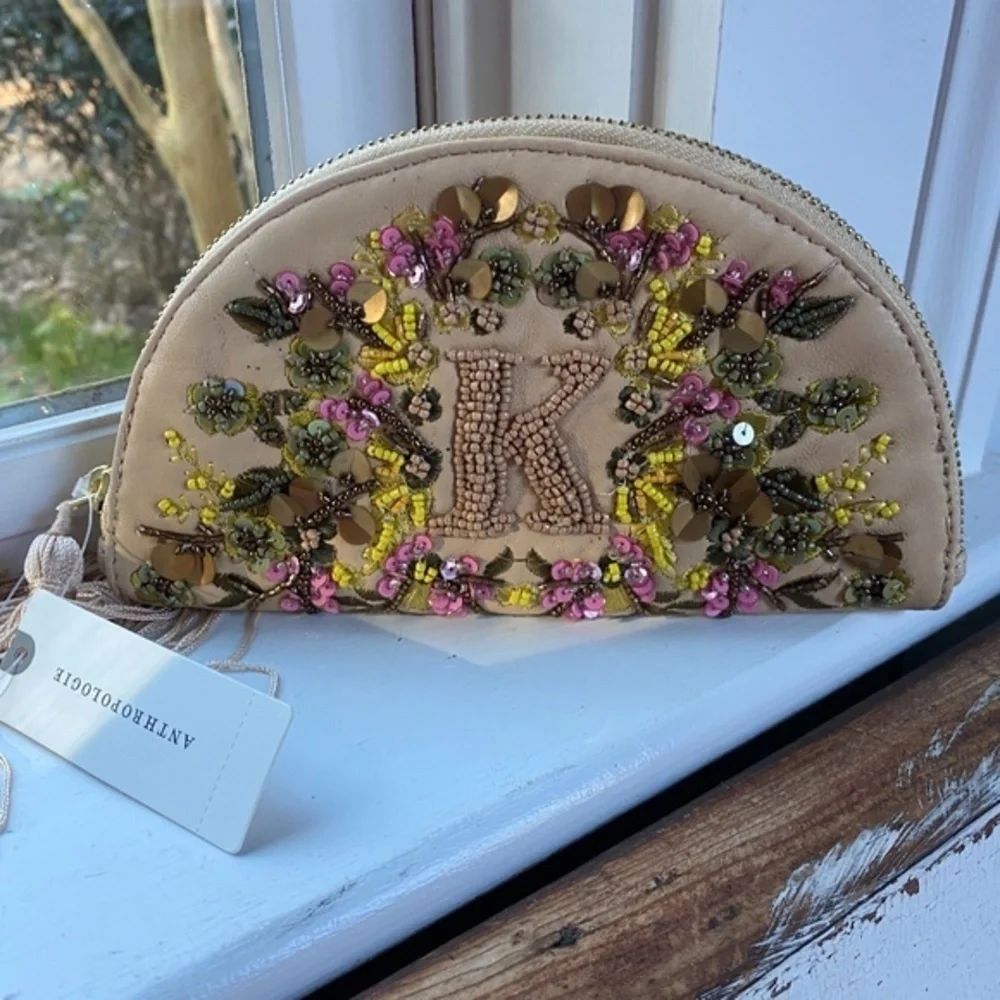 NWT Anthropologie Monogram Leather Beaded Pouch Clutch K